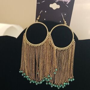 Gold and Green Chain Fringe Earrings